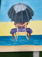 Schilderij: Strand met Parasol, Antiek en Kunst, Ophalen of Verzenden