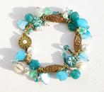Turquoise armband met gouden filigraan kralen & siersluiting, Blauw, Nieuw, Ophalen of Verzenden, Met strass