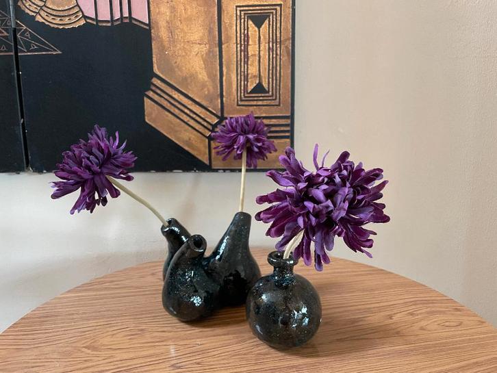 VTG Studio Ikebana Raku Tafelset jaren 70s Wabi Sabi Hygge, Huis en Inrichting, Woonaccessoires | Vazen, Gebruikt, Zwart, Minder dan 50 cm