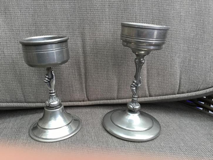 Vintage Tinnen Kandelaars DHS 94 % Tin  Pewter Set van 2, Antiek en Kunst, Antiek | Kandelaars, Zilver, Ophalen of Verzenden
