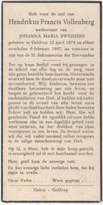Hendrikus F. Vollenberg 1874 Geldrop + 1957 Geldrop, 82 jr, Verzenden, Bidprentje