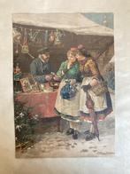 Antieke gravure Ludwig Blume Siebert Op de kerstmarkt met li, Ophalen of Verzenden
