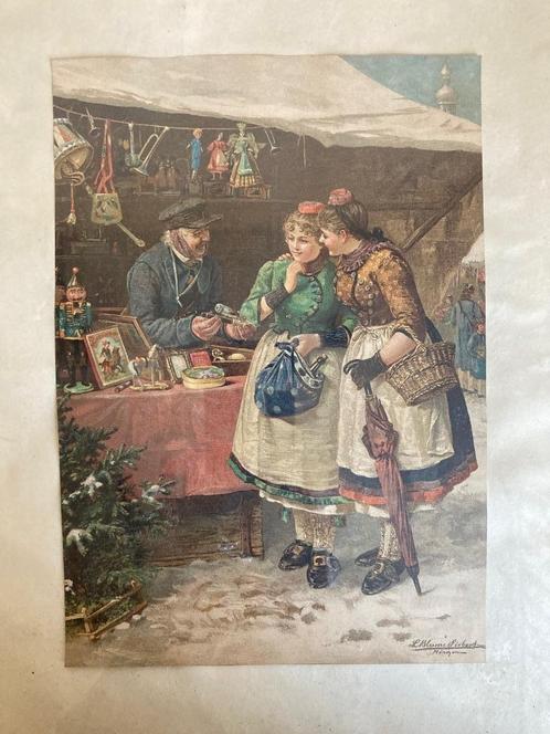 Antieke gravure Ludwig Blume Siebert Op de kerstmarkt met li, Antiek en Kunst, Kunst | Schilderijen | Klassiek, Ophalen of Verzenden
