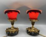 2 Art Nouveau Tafellampen Rood Glas Messing & Marmeren Voet, Ophalen of Verzenden