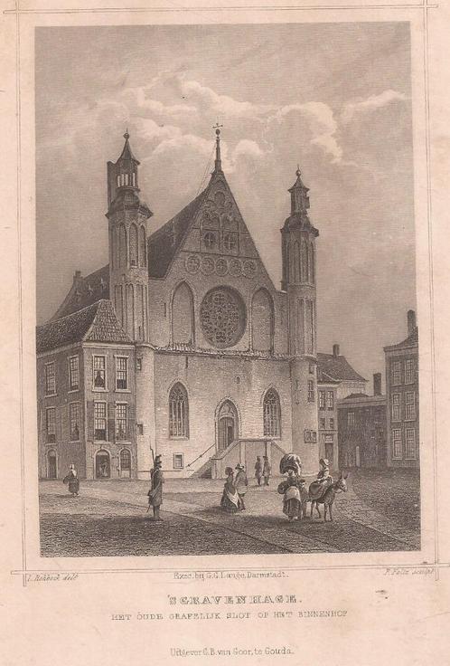 's Gravenhage Het oude Grafelijke slot op het Binnenhof 1858, Antiek en Kunst, Kunst | Etsen en Gravures, Ophalen of Verzenden