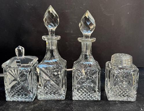 antiek 4 delig set  kristal olie en azijn, mosterd en zout, Antiek en Kunst, Antiek | Glas en Kristal, Ophalen of Verzenden