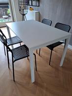 Nieuw Ikea tafel Melltorp en 4 zwarte Adde stoelen, 100 tot 150 cm, Rechthoekig, Metaal, Zo goed als nieuw