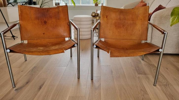 Twee Martin Visser stoelen Spectrum SZ.02, Huis en Inrichting, Stoelen, Gebruikt, Twee, Leer, Bruin, Ophalen