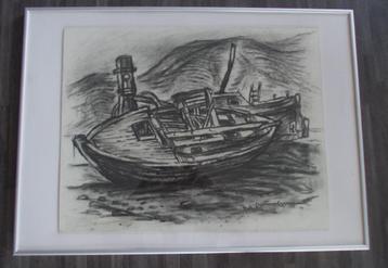 Schilderij "Oude boten in haven" (gesigneerd unicum)