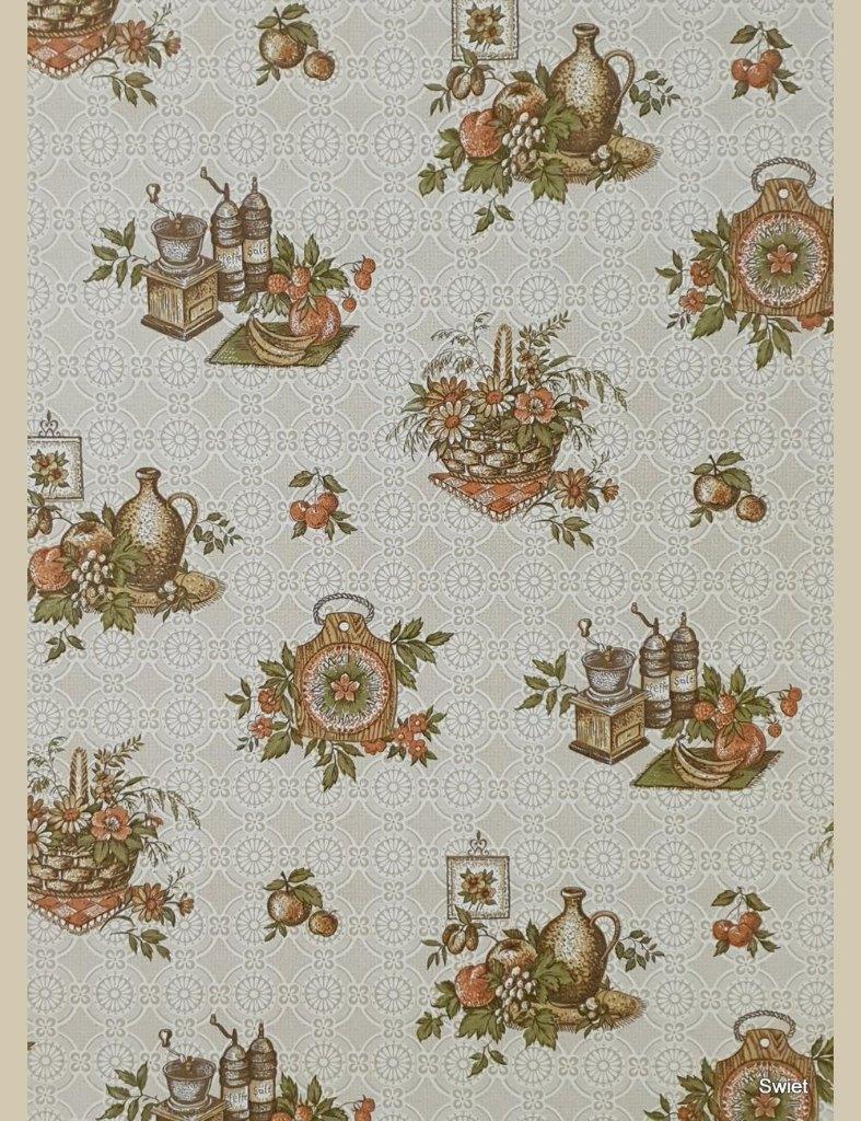 13949 retro behang keuken fruit mand molen jaren 50 swiet, Ophalen of Verzenden, 75 m² of meer, Beige