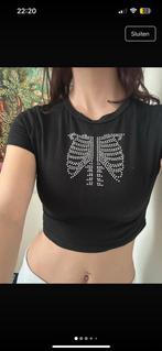 skelet/ribbenkas croptop met diamantjes, Zwart, Ophalen of Verzenden, Zo goed als nieuw, Korte mouw