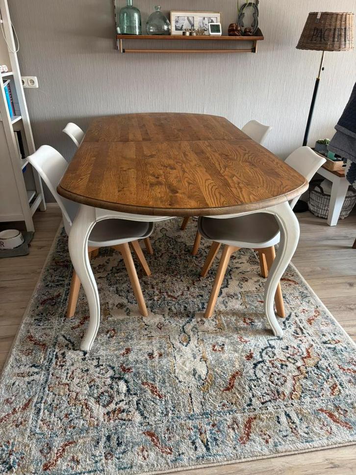 Landelijke brocante massief eiken eettafel, Huis en Inrichting, Complete eetkamers, Zo goed als nieuw, 6 tot 8 stoelen, Ophalen