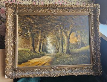 Groot Olieverf Schilderij - Landschap met Houten Lijst beschikbaar voor biedingen