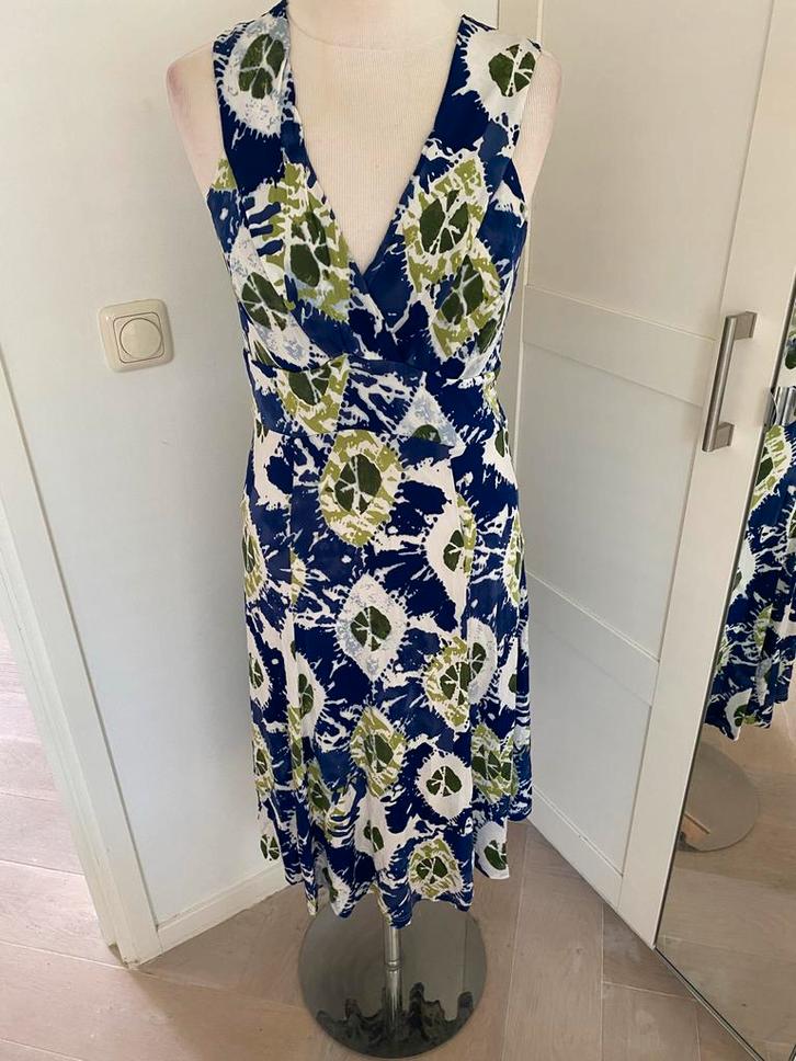 Javier Simorra Jurk - Blauw/Groen - Maat L, Kleding | Dames, Jurken, Zo goed als nieuw, Maat 38/40 (M), Blauw, Knielengte, Ophalen of Verzenden