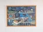 Vintage Schilderij stijlvol havenzicht op doek Jan ‘69 lijst, N, N, Ophalen of Verzenden, Zo goed als nieuw
