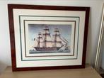 Mooi groot schilderij met wortel notenhouten lijst, Verzamelen, Scheepvaart, Ophalen, Motorboot, Kaart, Foto of Prent