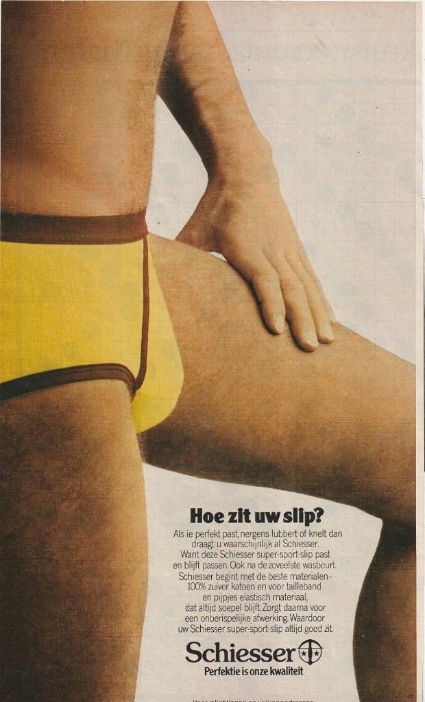 Retro reclame 1977 Schiesser heren ondergoed gele slips, Verzenden, Overige typen