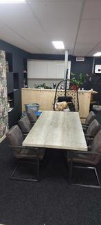 Mooie Industriële Eettafel met X poot +6 Industriële Stoelen, Ophalen, 200 cm of meer, 50 tot 100 cm, Zo goed als nieuw