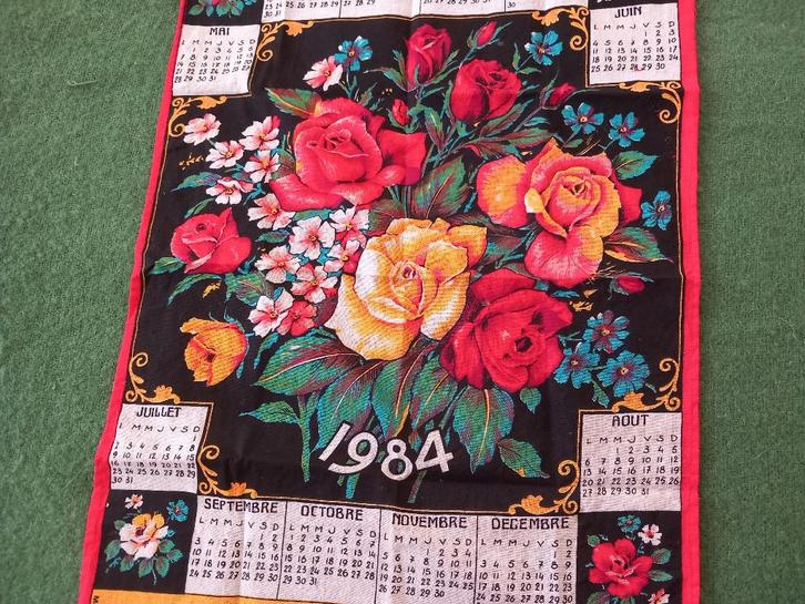vintage Franse theedoek, katoen overdoek, jaarkalender, 1984, Antiek en Kunst, Curiosa en Brocante, Ophalen