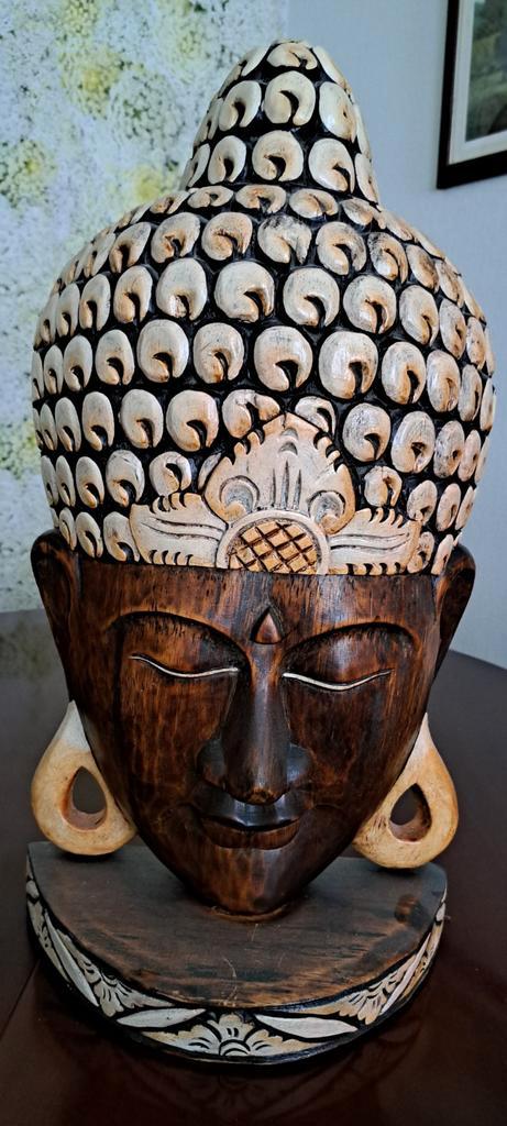 Vintage Houten Boeddha Hoofd - 56 cm, Huis en Inrichting, Woonaccessoires | Boeddhabeelden, Gebruikt, Ophalen of Verzenden
