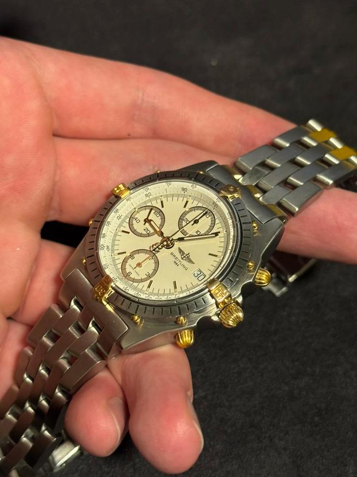 Breitling chronomat 39mm staal goud witte plaat, Sieraden, Tassen en Uiterlijk, Horloges | Heren, Gebruikt, Polshorloge, Breitling