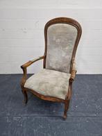 Vintage fauteuil met hoge rug hout + stof, Minder dan 75 cm, Gebruikt, Vintage, Hout