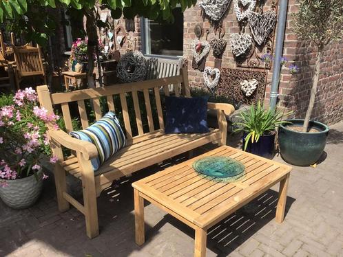 Mooie teakhouten bank+teakhouten tafeltje/loungesetje samen, Tuin en Terras, Tuinbanken, Teakhout, Ophalen