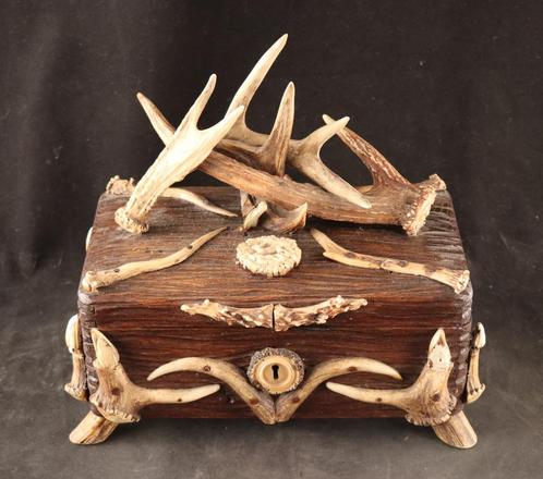 Black Forest kist met gewei decoratie, Antiek en Kunst, Antiek | Overige Antiek, Verzenden
