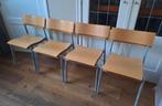 8 stapelbare houten stoelen met metalen onderstel., Ophalen, Gebruikt, Bruin, Vijf, Zes of meer stoelen