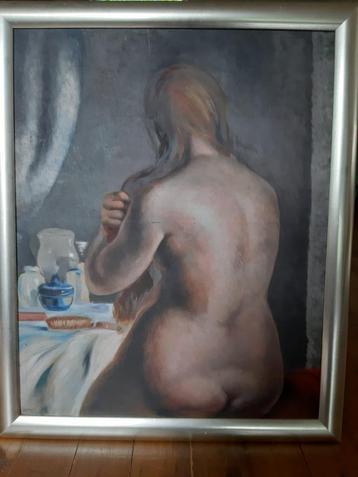 Prachtig oud schilderij  Vrouw achter toilettafel  beschikbaar voor biedingen