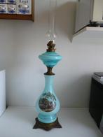 Antiek Blauw Staande Olielamp geschilderd tafereel 80cm hoog, Ophalen of Verzenden
