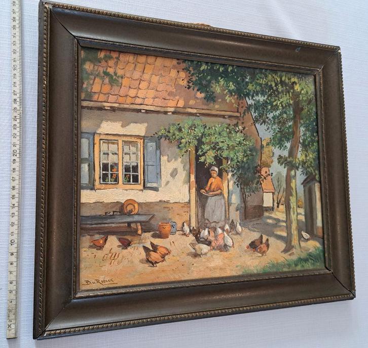 B.v. Reenen oud Hollands schilderij paneel kippen boerderij, Antiek en Kunst, Kunst | Schilderijen | Klassiek, Verzenden