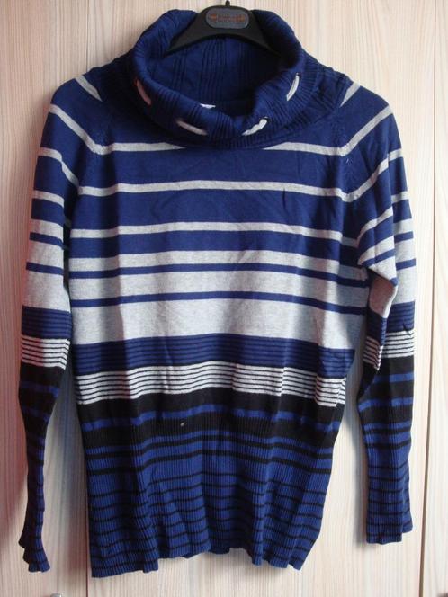 Blauw, grijs met zwart gestreepte trui met koord. Maat L., Kleding | Dames, Truien en Vesten, Zo goed als nieuw, Maat 42/44 (L)
