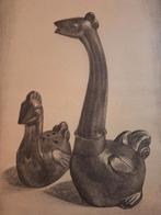 Litho van twee gestileerde kippen inas rochussen, Ophalen of Verzenden