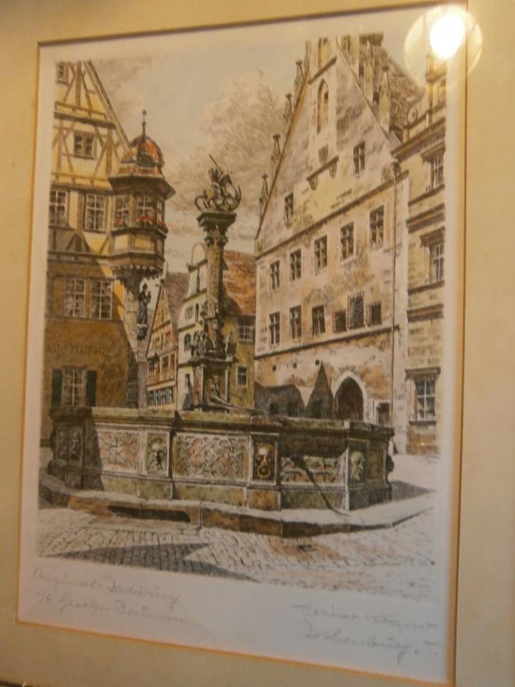 ROTHENBURG (Dld.) Mooie kleurets/Aquarel met St Georg Font., Antiek en Kunst, Kunst | Etsen en Gravures, Ophalen of Verzenden