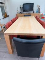Eiken eettafel Brussel + 8 stoelen (6 terra, 2 zwart), Ophalen of Verzenden, Gebruikt, 8 stoelen of meer