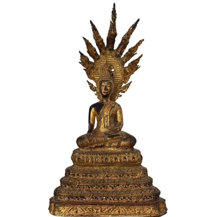 Thaise vergulde bronzen Boeddha onder naga, Huis en Inrichting, Woonaccessoires | Boeddhabeelden, Gebruikt, Ophalen of Verzenden