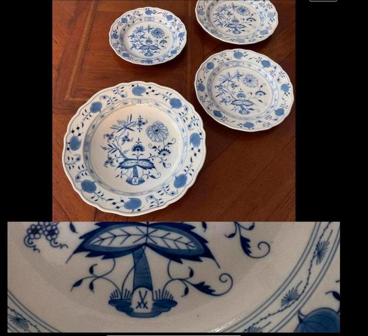 Met merk. Set Meissen porselein borden, schotel, schaal., Antiek en Kunst, Antiek | Servies los, Ophalen