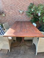 Tuintafel met gietijzeren onderstel met eiken houten blad, Tuin en Terras, Tuintafels, Ophalen, Gebruikt, Rechthoekig, Overige materialen