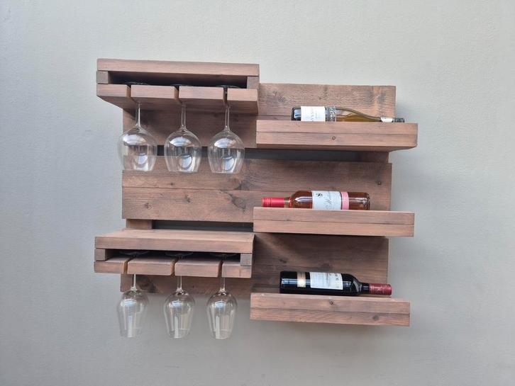 Houten Wijnrek met Glashouder, Huis en Inrichting, Woonaccessoires | Wijnrekken, Zo goed als nieuw, 50 tot 75 cm, Hout, 5 tot 15 flessen