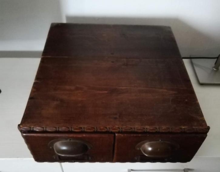 Antiek dubbele archieflade kaartenbak met komgreep, Antiek en Kunst, Curiosa en Brocante, Ophalen of Verzenden