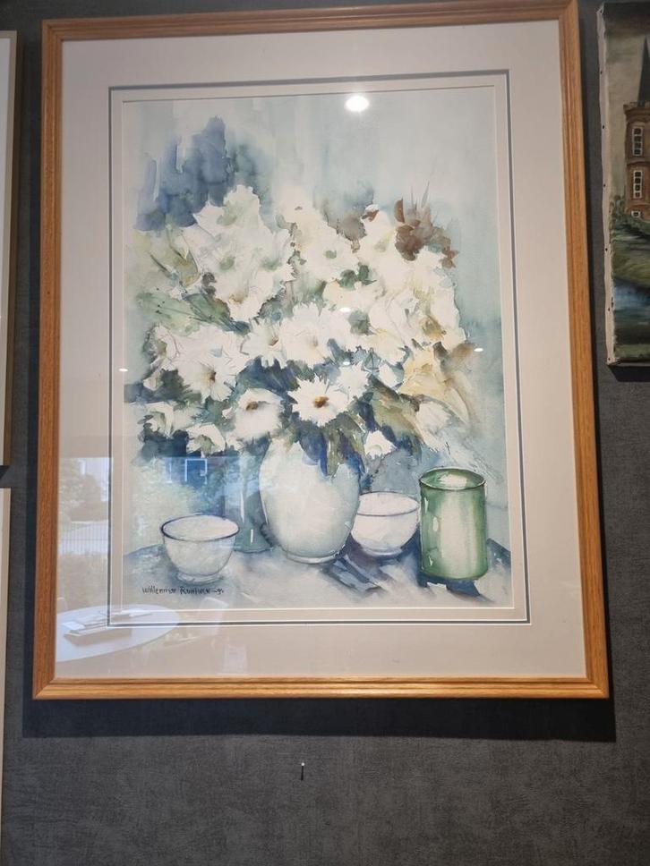 Aquarel Stilleven met Witte Bloemen, Antiek en Kunst, Kunst | Tekeningen en Foto's, Ophalen of Verzenden