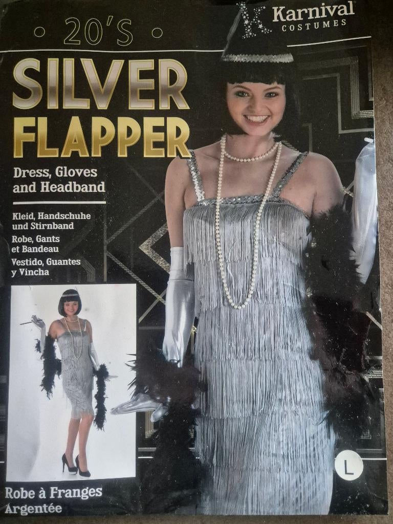 Zilveren jurk met handschoenen en haarband met veer, Maat 38/40 (M), Carnaval, Ophalen of Verzenden, Zo goed als nieuw