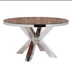 Moderne ronde glazen eettafel met metalen  sleeperwood € 350, Huis en Inrichting, Tafels | Eettafels, 100 tot 150 cm, Rond, Ophalen of Verzenden