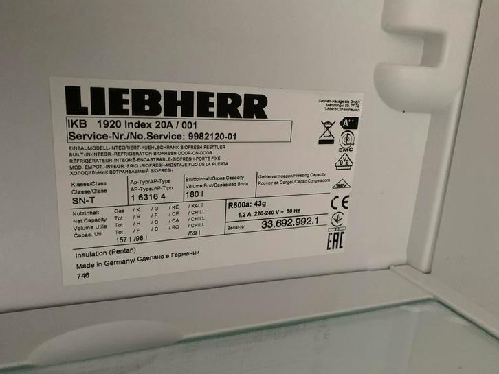 Liebherr inbouw koelkast met BioFresh - IKB 1920, Witgoed en Apparatuur, Vriezers en Diepvrieskisten, Zo goed als nieuw, Inbouw