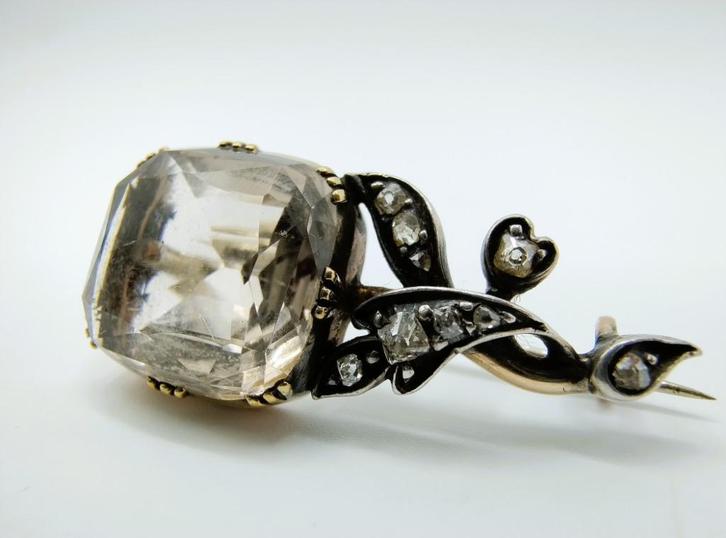 Gouden / zilveren broche met roosdiamanten, Sieraden, Tassen en Uiterlijk, Antieke sieraden, Broche, Goud, Verzenden