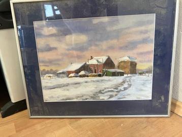 schilderij achter glas, winters tafereel,  beschikbaar voor biedingen
