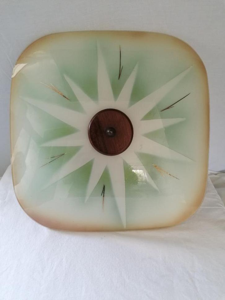 fifties rockabilly glazen plafondlamp met 2 lichtpunten izgs, Antiek en Kunst, Antiek | Lampen, Verzenden