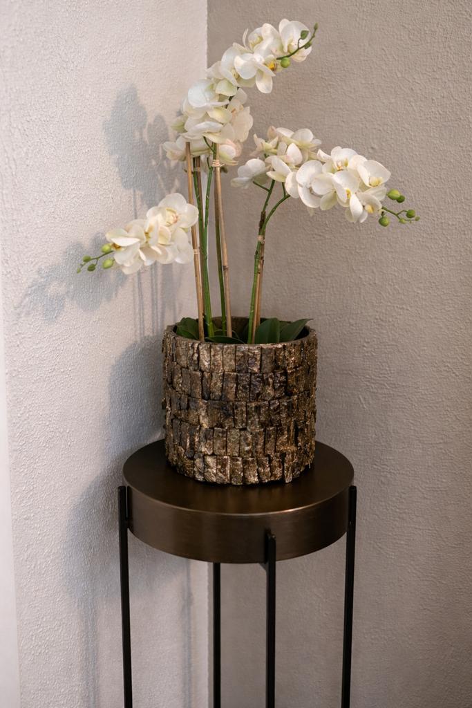 Orchidee in bloempot schelp vaas eric kuster, Tuin en Terras, Bloempotten, Zo goed als nieuw, Overige materialen, Binnen, Minder dan 40 cm