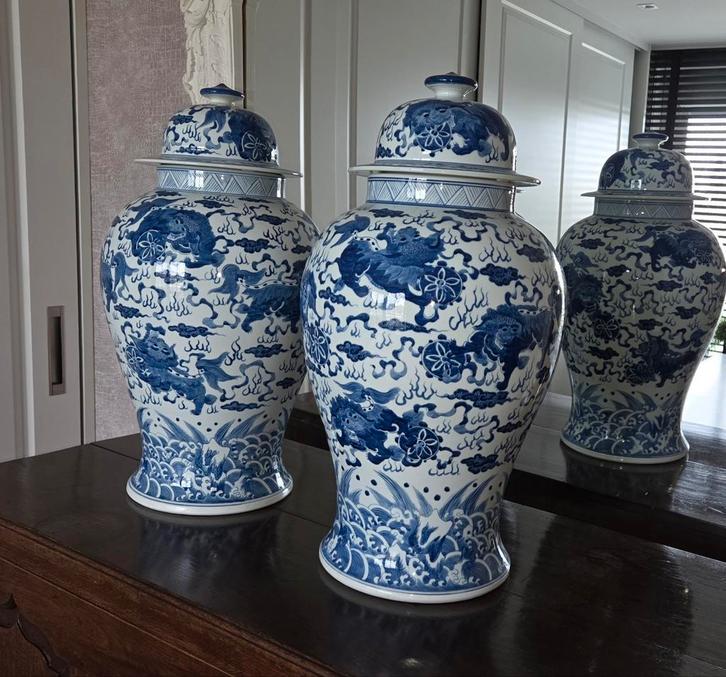 Chinese vazen set - blauw draken motief, Antiek en Kunst, Antiek | Vazen, Ophalen